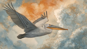 Detailed pelican in flight mural wallpaper design pattern with orange blue sky by Kids-Mundo