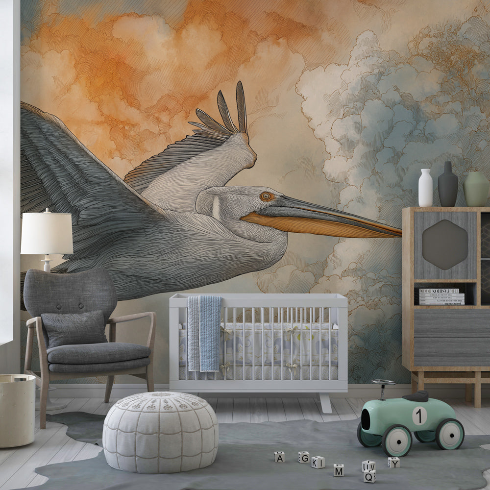 Pelican bird wallpaper creating serene atmosphere in children's bedroom decor