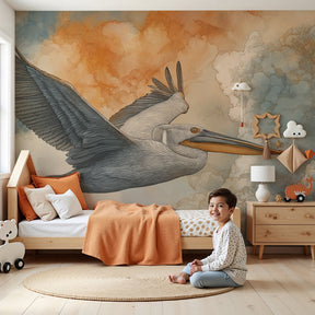 Majestic pelican mural wallpaper in modern nursery with wooden crib by Kids-Mundo
