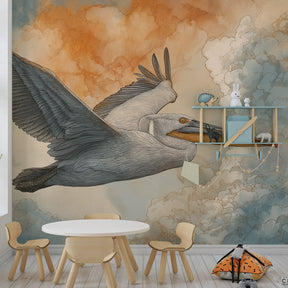 Wildlife pelican mural wallpaper with dreamy clouds in bright kids playroom setting