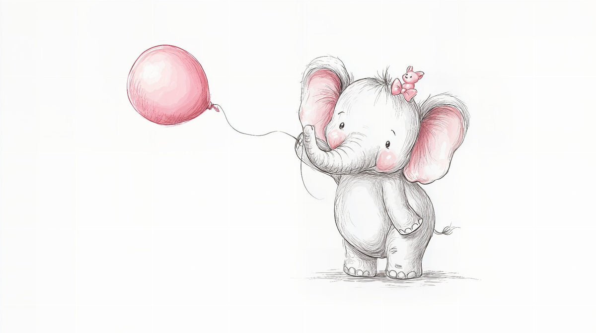 Sketched Baby Elephant with Balloon Wall Mural