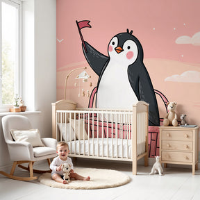 Penguin adventure mural wallpaper decorating modern nursery with pink basket explorer design by Kids-Mundo