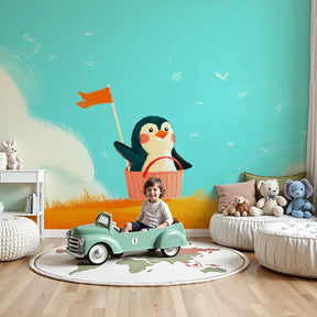 Penguin adventure mural wallpaper in modern baby nursery with white crib by Kids-Mundo
