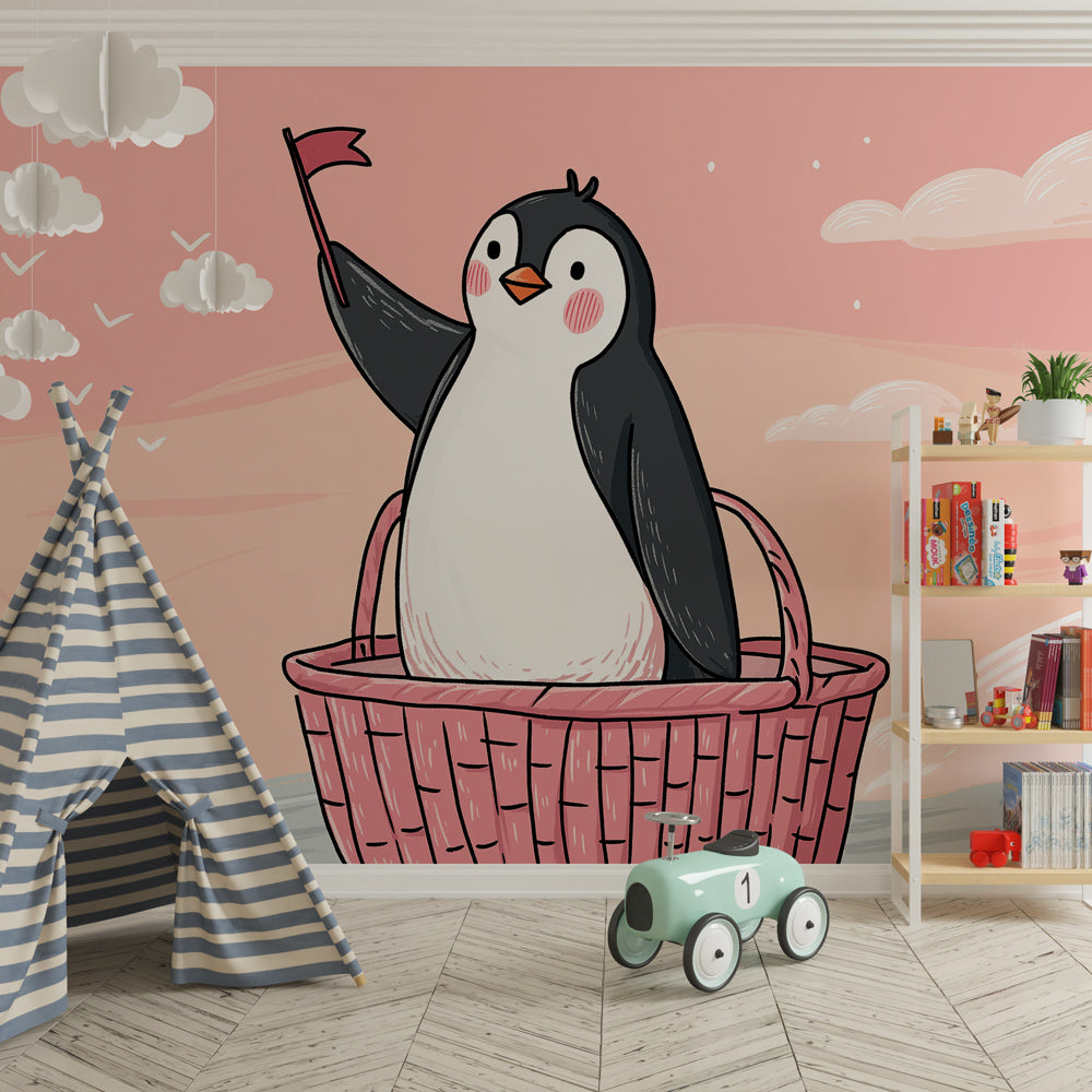 Adventure-themed penguin mural wallpaper transforming kids playroom into exploration wonderland
