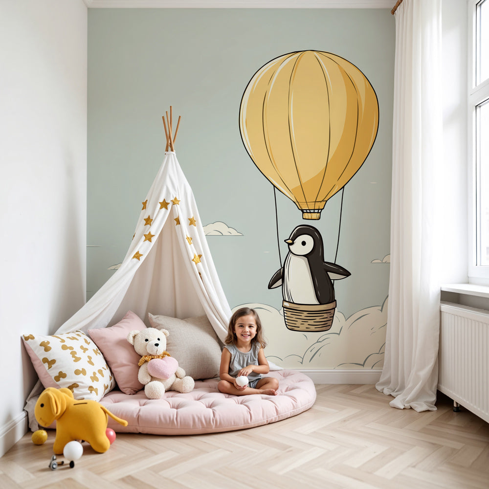 Penguin balloon mural wallpaper in modern nursery with white crib by Kids-Mundo