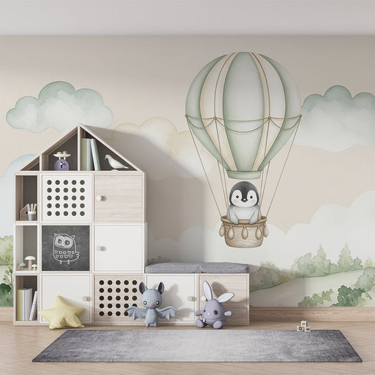 Kids-Mundo penguin balloon wall mural covering a feature wall in a cosy kids bedroom