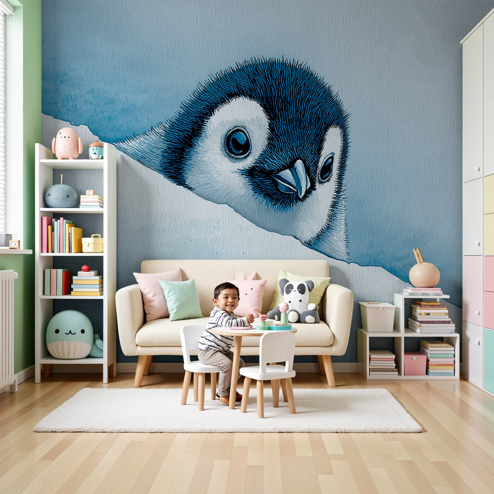 Playful penguin mural wallpaper creating serene arctic atmosphere in modern children's nursery by Kids-Mundo