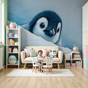 Playful penguin mural wallpaper creating serene arctic atmosphere in modern children's nursery by Kids-Mundo