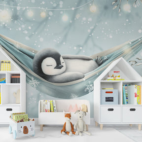 Sleeping penguin wallpaper creating peaceful children's bedroom atmosphere with hammock design