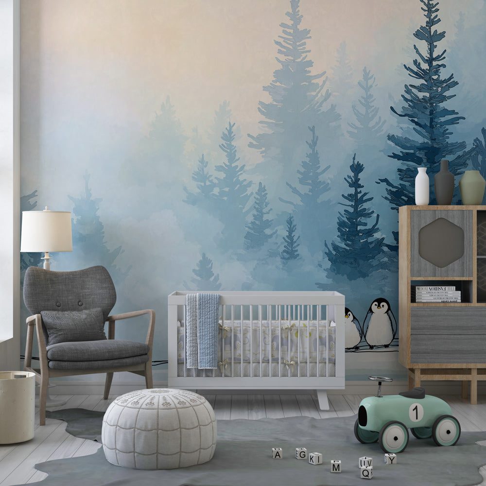 Arctic penguin wallpaper with soft blue tones transforming baby nursery into winter wonderland