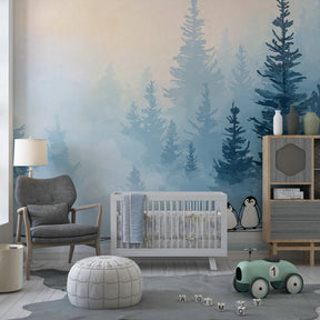 Arctic penguin wallpaper with soft blue tones transforming baby nursery into winter wonderland