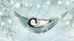 Detailed baby penguin in hammock mural wallpaper design pattern with snowflakes by Kids-Mundo