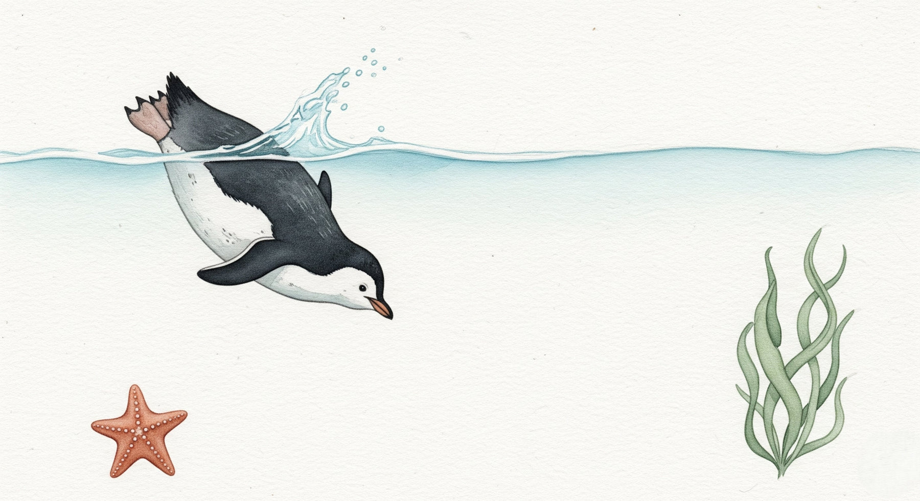 Detailed swimming penguin mural wallpaper design pattern with ocean bubbles and seaweed by Kids-Mundo