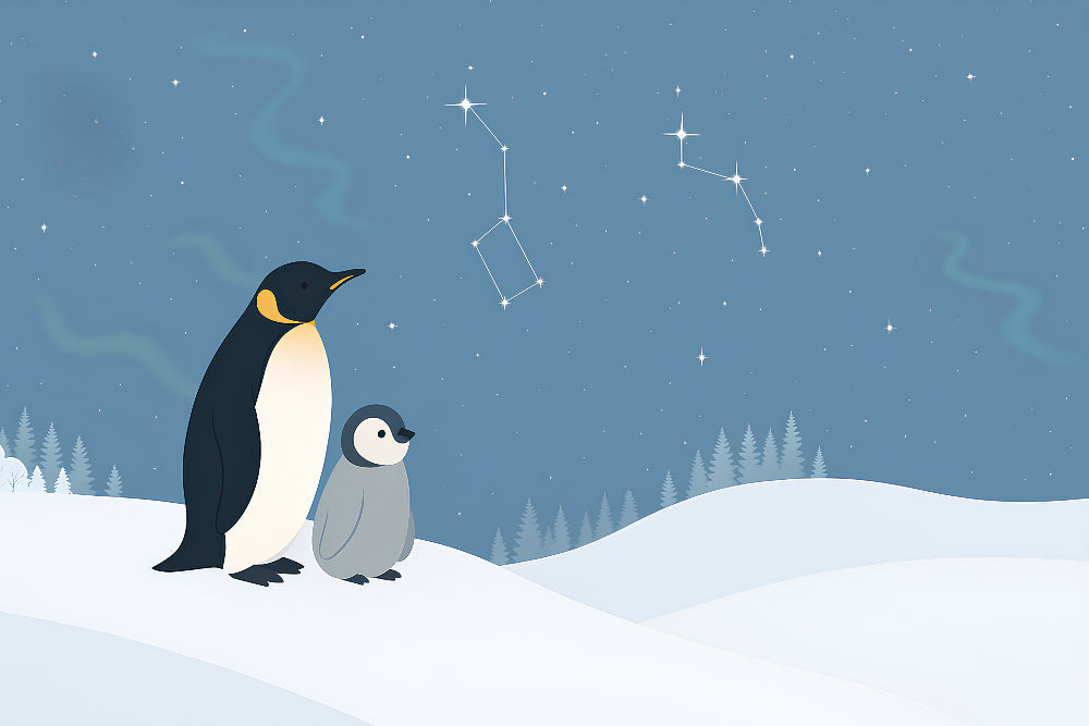 Detailed penguin family under starry sky mural wallpaper design pattern by Kids-Mundo
