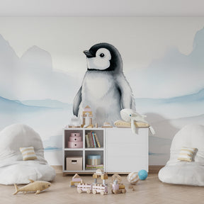 Arctic penguin wallpaper creating peaceful atmosphere in children's bedroom decor