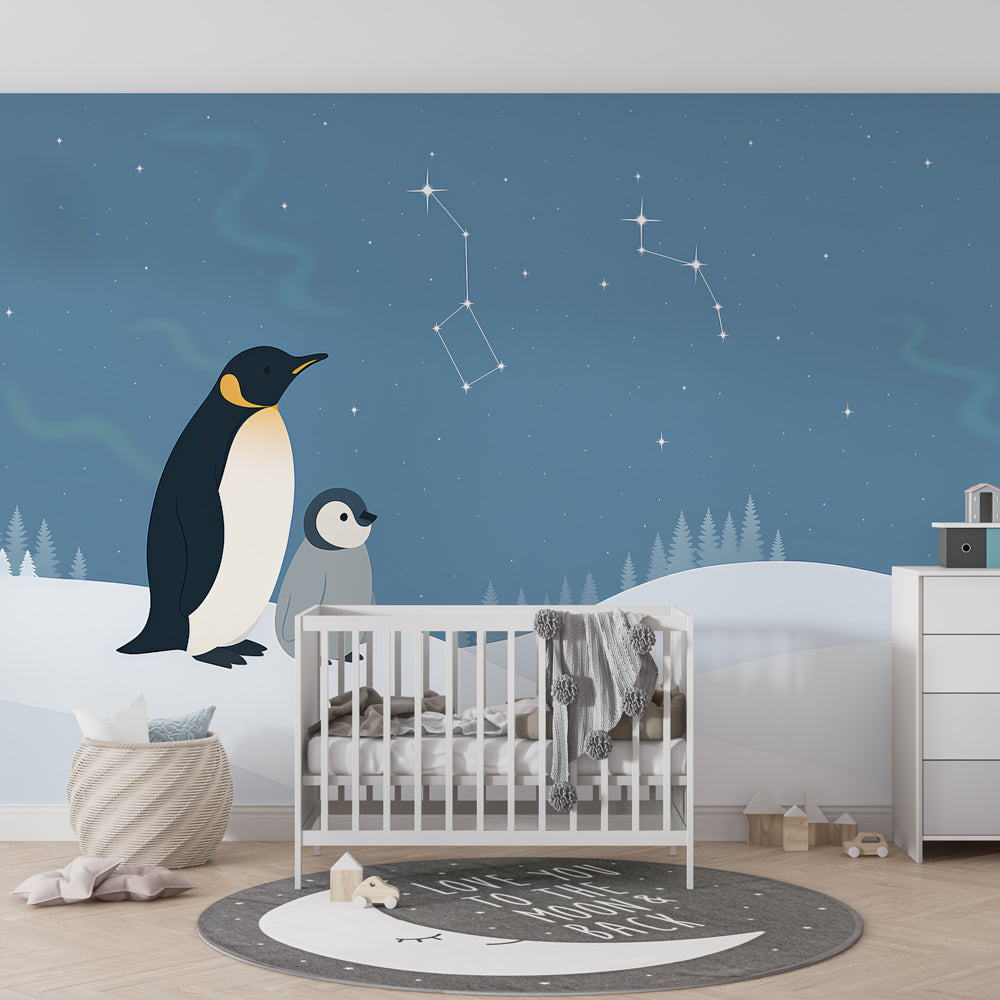 Winter penguin wallpaper creating peaceful nursery atmosphere with blue tones and stars