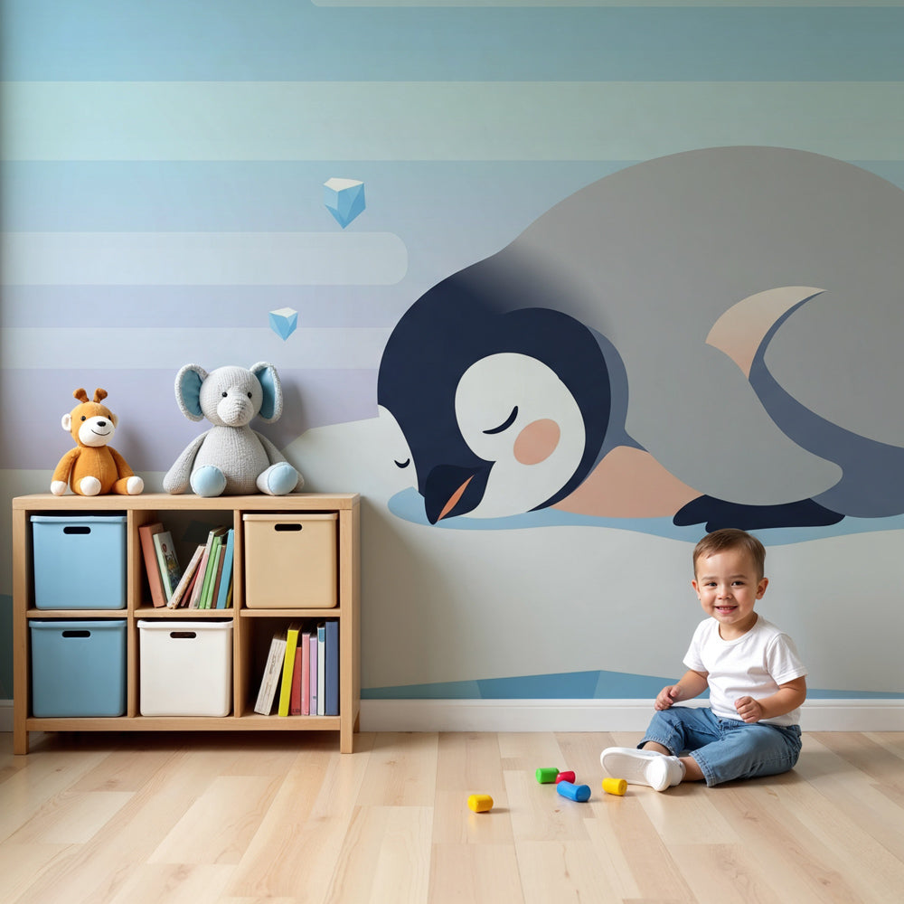Sleeping penguin mural wallpaper creating peaceful Antarctic nursery decor by Kids-Mundo