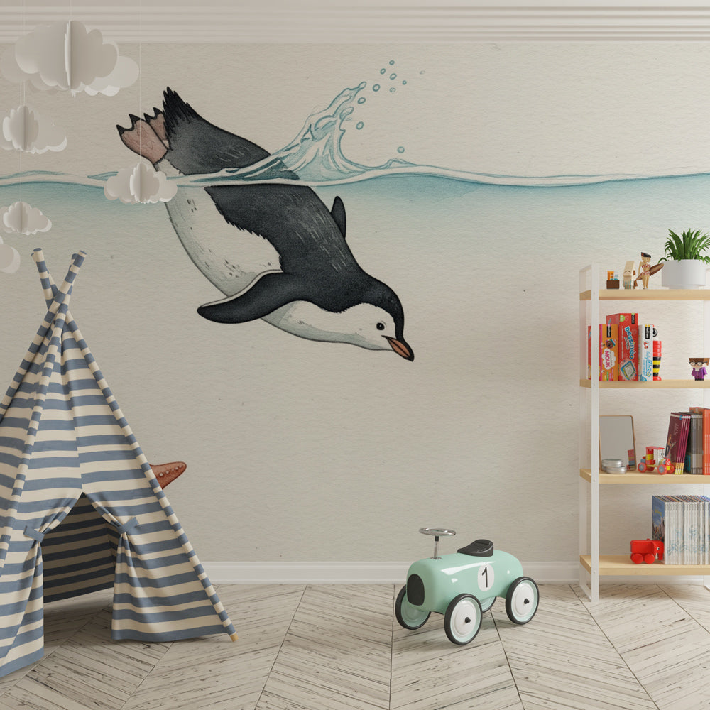 Marine themed nursery featuring penguin wallpaper with underwater bubbles and starfish decor