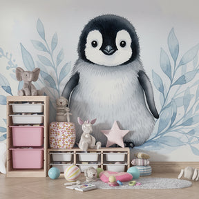 Aquatic penguin wallpaper transforming playroom into underwater adventure space for kids