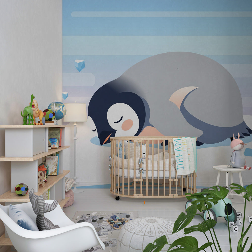 Peaceful penguin on ice mural wallpaper for calming kids room atmosphere by Kids-Mundo
