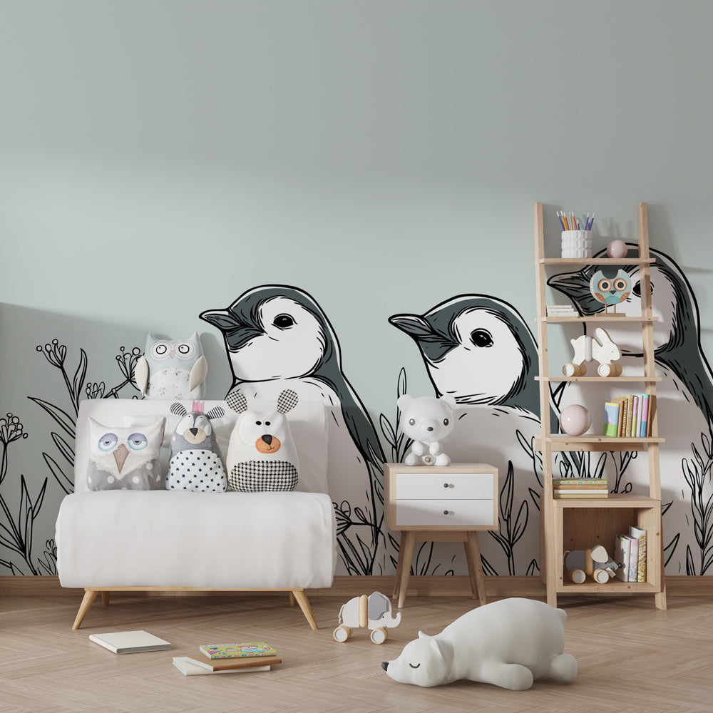 Adorable penguin mural wallpaper for kids room with botanical elements and soft colors