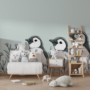Adorable penguin mural wallpaper for kids room with botanical elements and soft colors