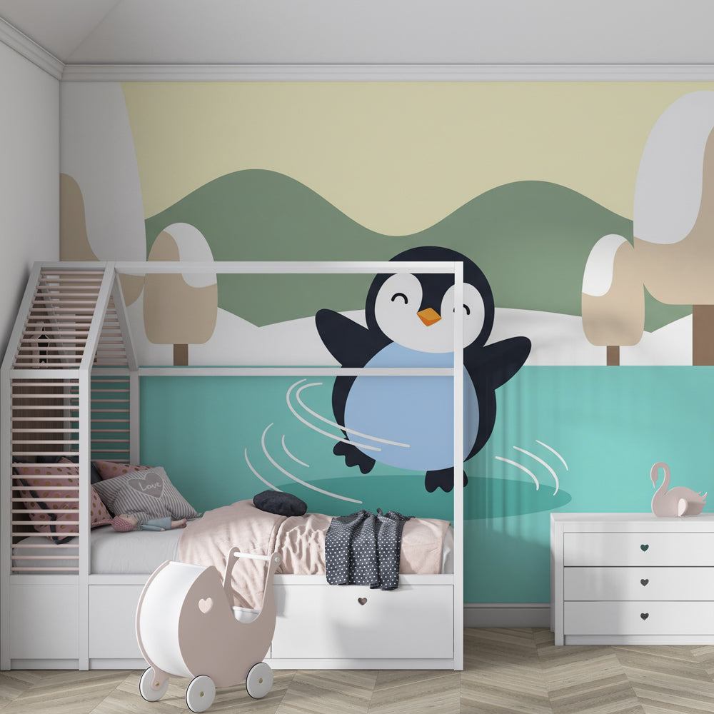 Adorable penguin mural wallpaper transforming toddler room into winter wonderland