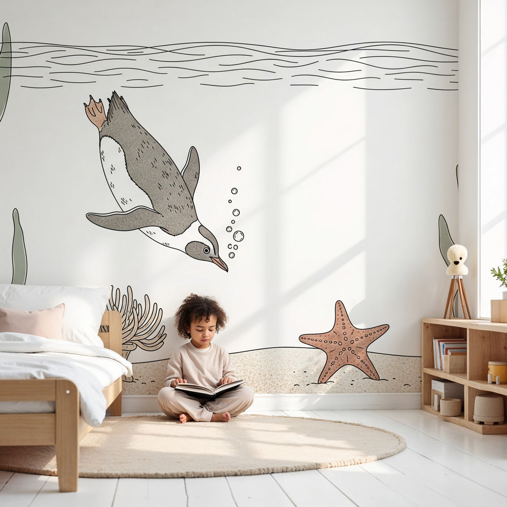 Penguin underwater mural wallpaper in modern nursery with coral ocean theme by Kids-Mundo