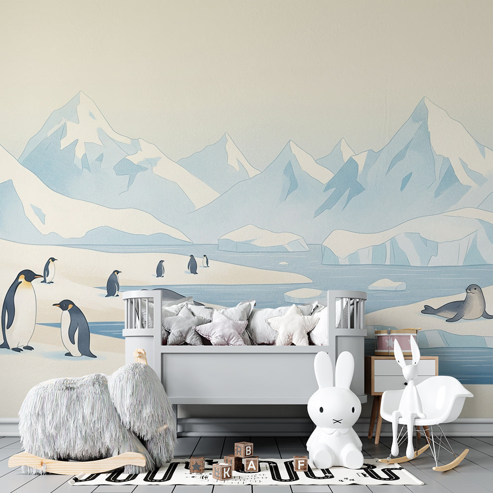 Kids-Mundo penguin and seal wall mural featured behind a child's bedroom bed