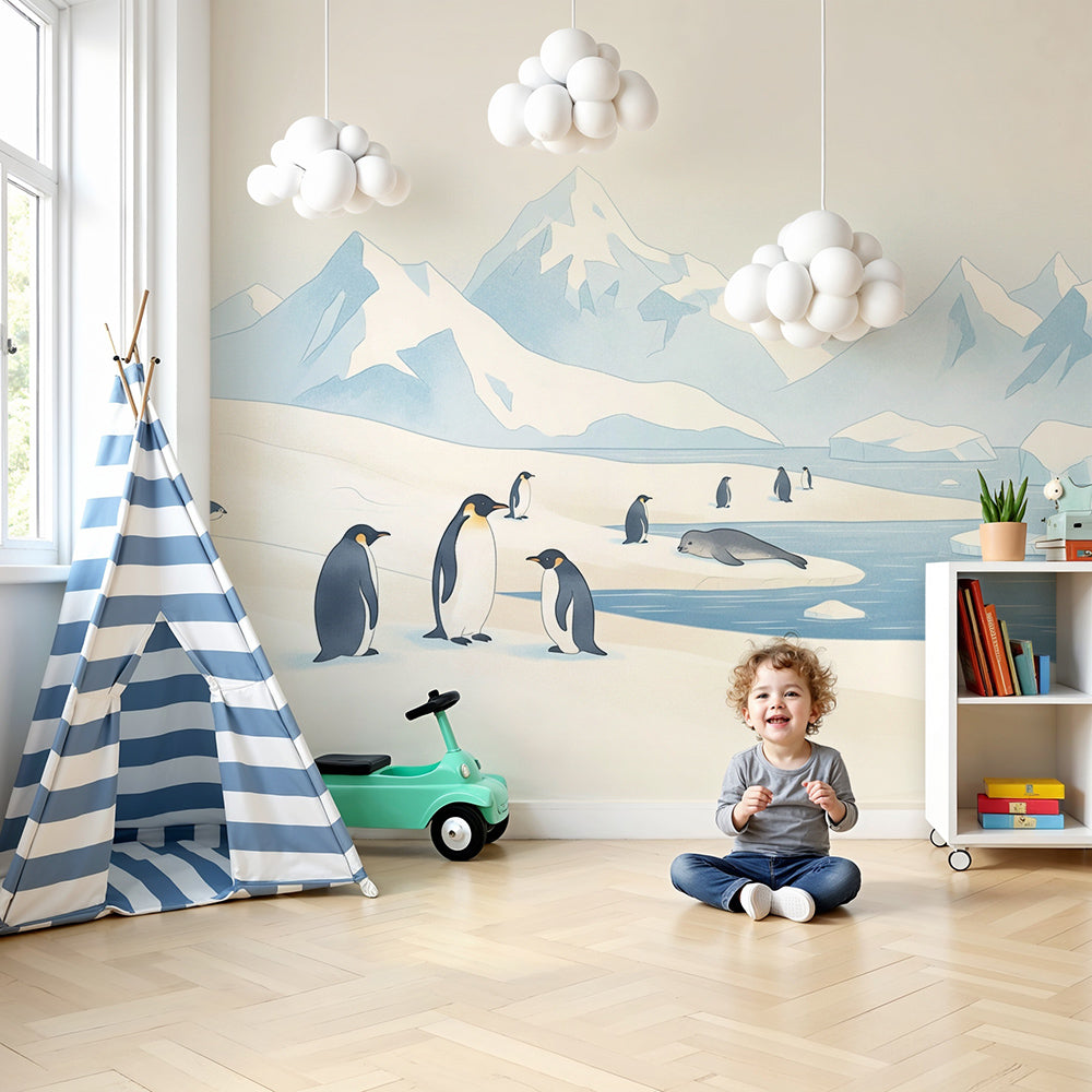 Kids-Mundo penguins and seals on an icy landscape wall mural styled in a calm nursery