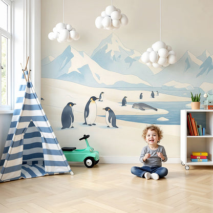 Kids-Mundo penguins and seals on an icy landscape wall mural styled in a calm nursery