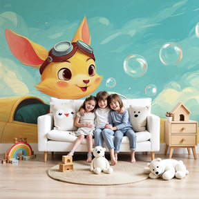 Pilot adventure mural wallpaper in modern nursery with little aviator theme by Kids-Mundo