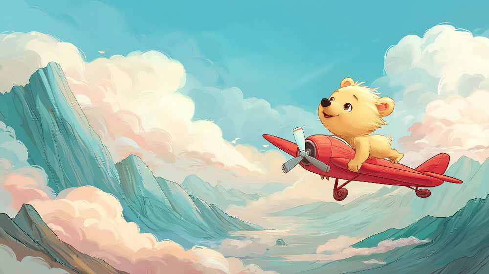 Detailed pilot bear flying over mountains mural wallpaper design pattern by Kids-Mundo