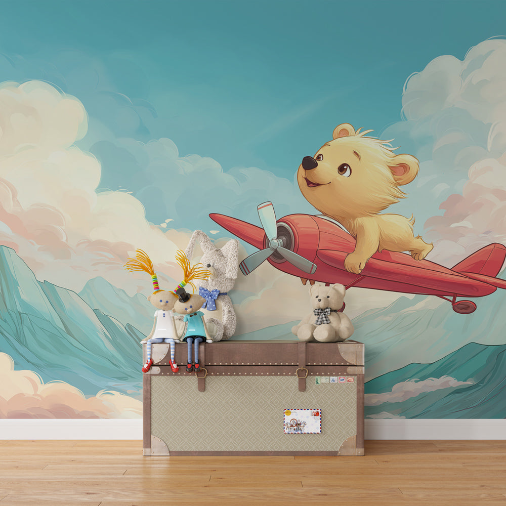 Flying bear airplane mural wallpaper transforming kids playroom into sky adventure