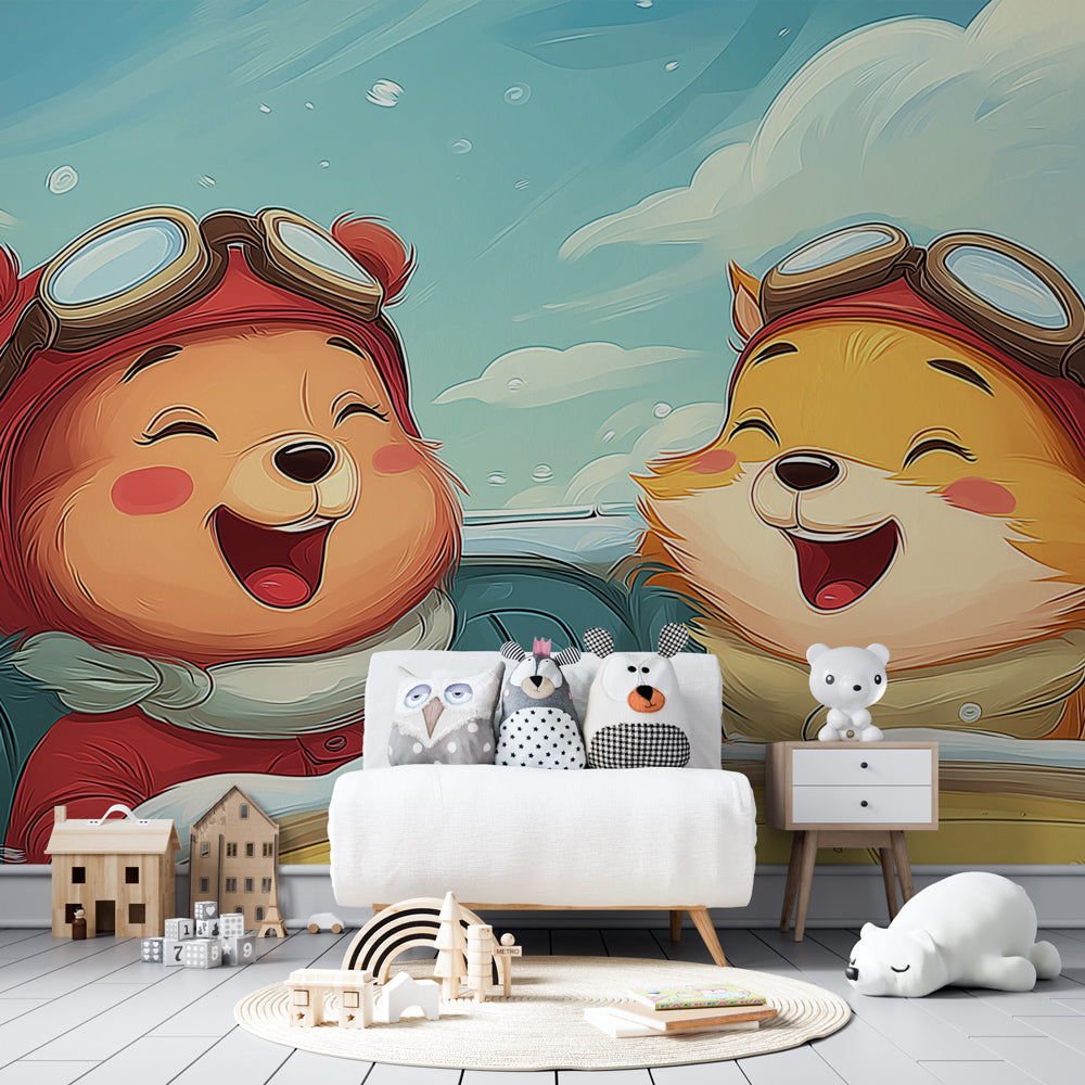 Aviation adventure wallpaper featuring pilot bears in children's bedroom decor by Kids-Mundo