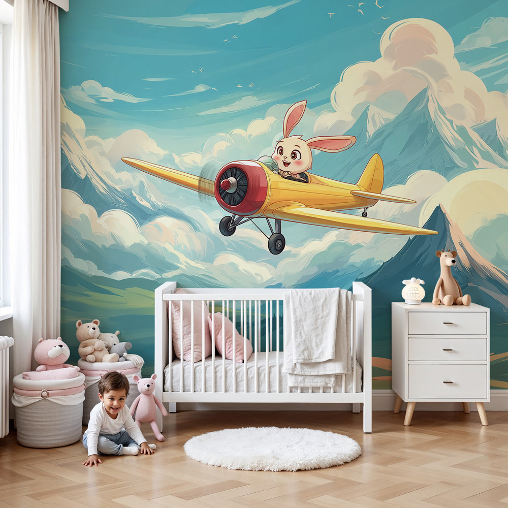 Yellow airplane bunny pilot mural wallpaper creating adventure-themed kids bedroom decor