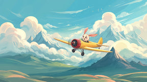 Detailed pilot bunny aviation mural wallpaper design pattern with airplane and clouds by Kids-Mundo