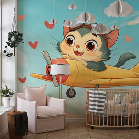 Aviation themed kids bedroom featuring pilot cat wallpaper with yellow airplane design