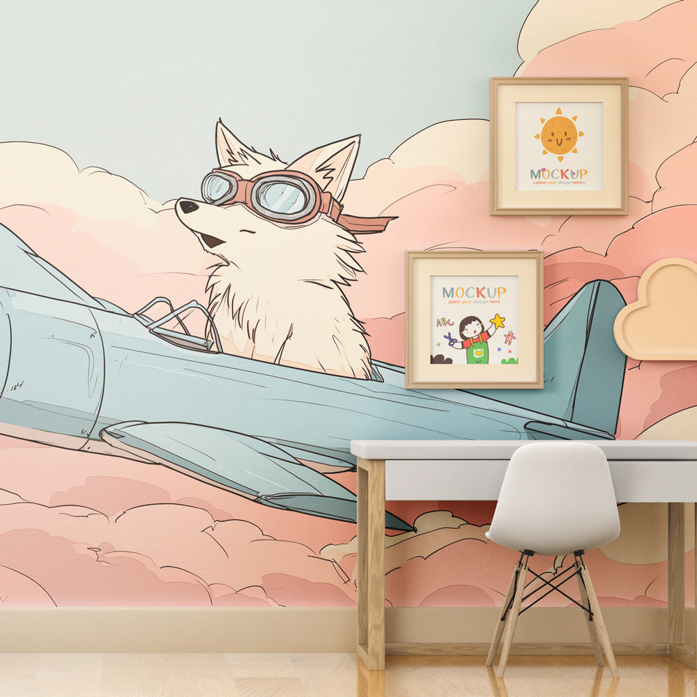 Adventure plane mural wallpaper transforming children's bedroom into aviation themed space