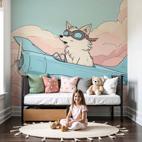 Pilot dog aviation mural wallpaper creating dreamy nursery decor with pastel clouds by Kids-Mundo