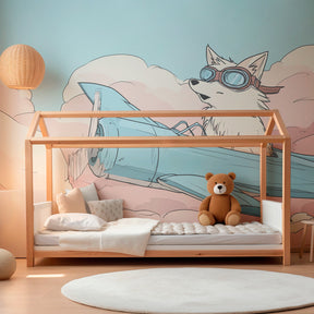 Dog pilot wallpaper creating imaginative playroom atmosphere with colorful airplane design