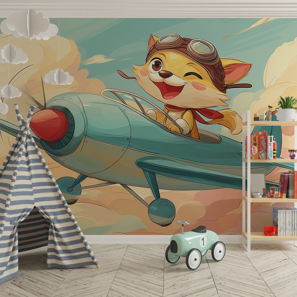 Vintage airplane kitten wallpaper transforming modern kids bedroom with soft blue tones