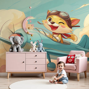 Pilot kitten mural wallpaper creating whimsical aviation nursery decor by Kids-Mundo