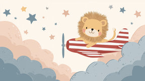 Detailed pilot lion airplane mural wallpaper design pattern with clouds and stars by Kids-Mundo