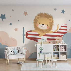 Aviation themed mural wallpaper with lion pilot creating dreamy children's bedroom atmosphere