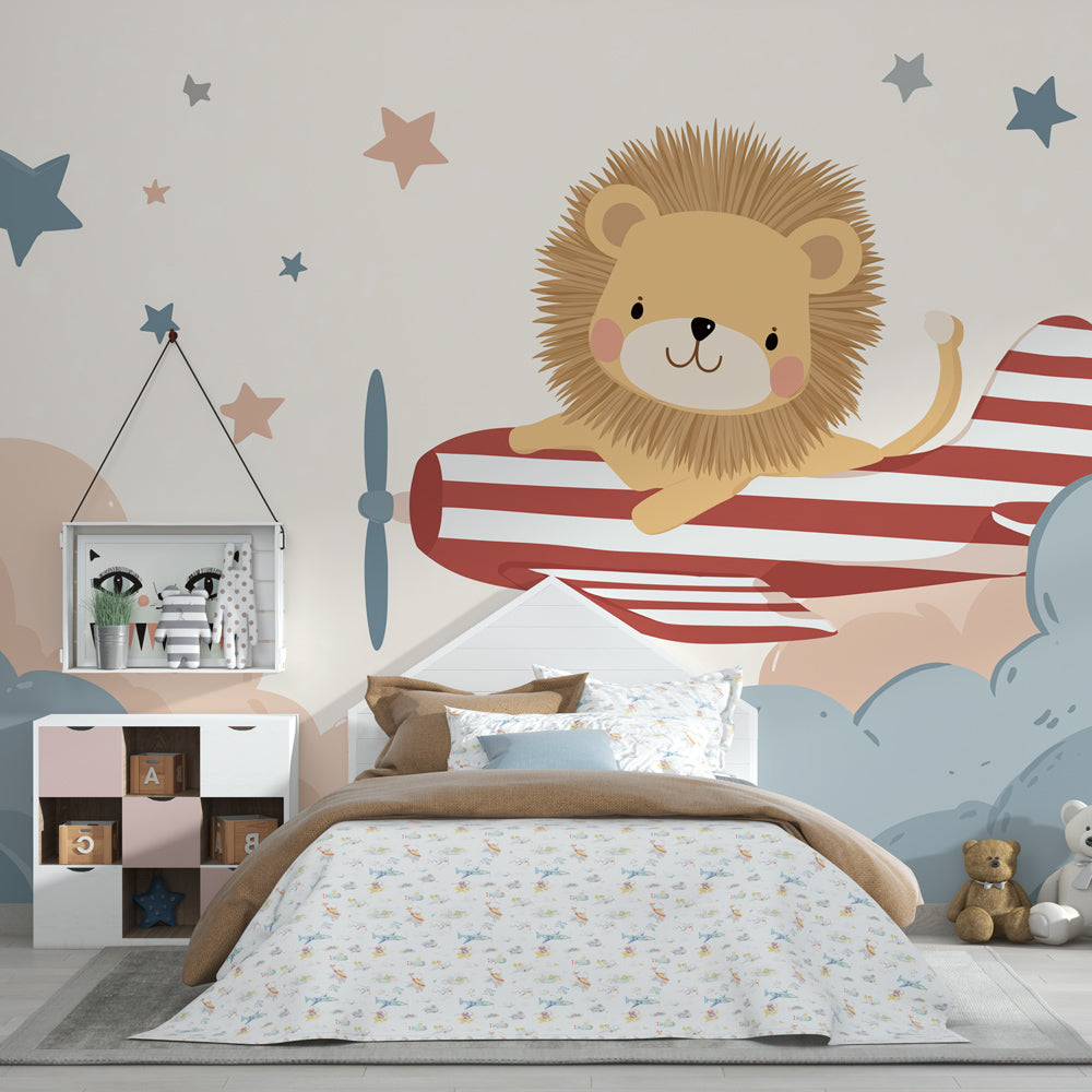 Charming lion pilot wallpaper transforming kids playroom into aviation adventure space