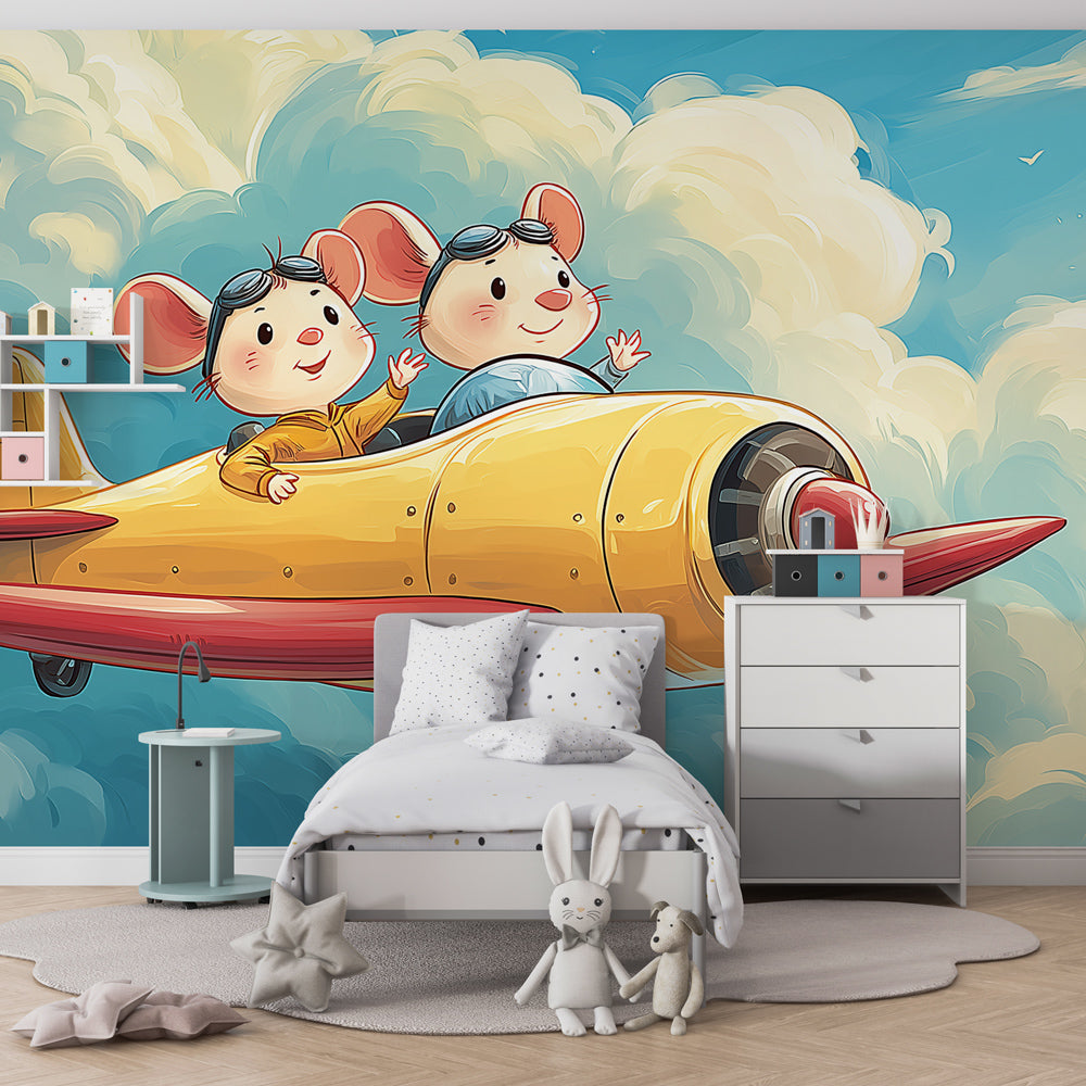 Adventure-themed mice pilot wallpaper creating playful atmosphere in kids bedroom