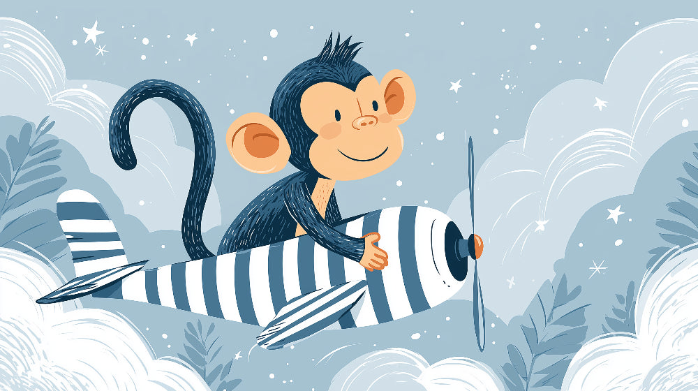 Detailed pilot monkey mural wallpaper design pattern showing airplane, stars and clouds by Kids-Mundo