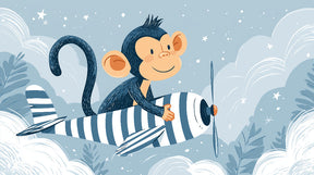 Detailed pilot monkey mural wallpaper design pattern showing airplane, stars and clouds by Kids-Mundo