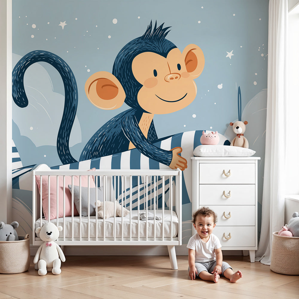 Pilot monkey mural wallpaper in modern nursery with blue adventure aviation theme by Kids-Mundo